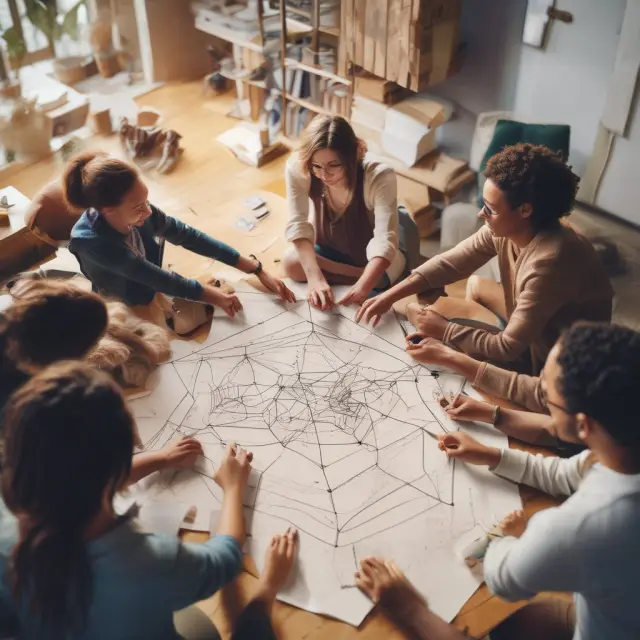 A macro manager, symbolizing a skilled weaver, connects various team members and resources to create an intricately woven strategic plan within finance and investment.