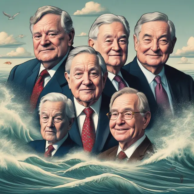 Three successful macro managers, George Soros, Julian Robertson, and Michael Steinhardt, depicted as surfers riding the economic waves