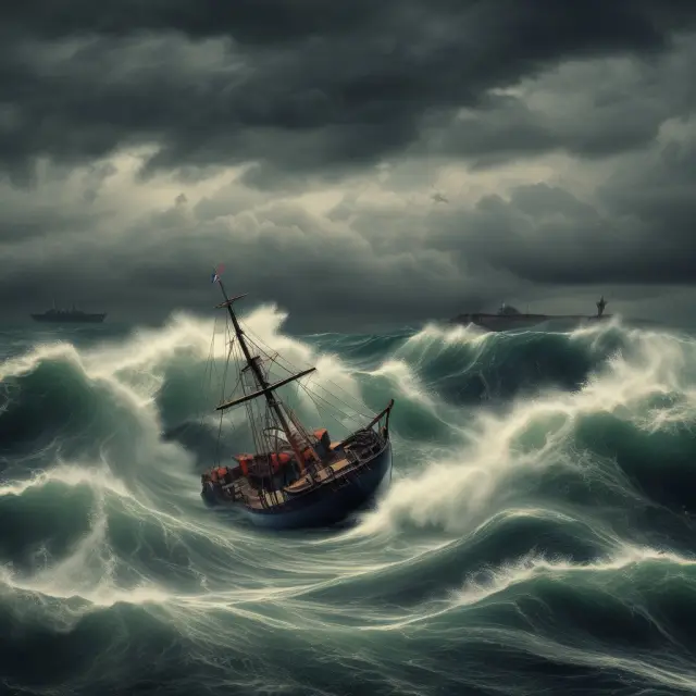 An image of a stormy sea symbolizing negative macroeconomic factors, featuring political instability turbulence and natural disaster waves