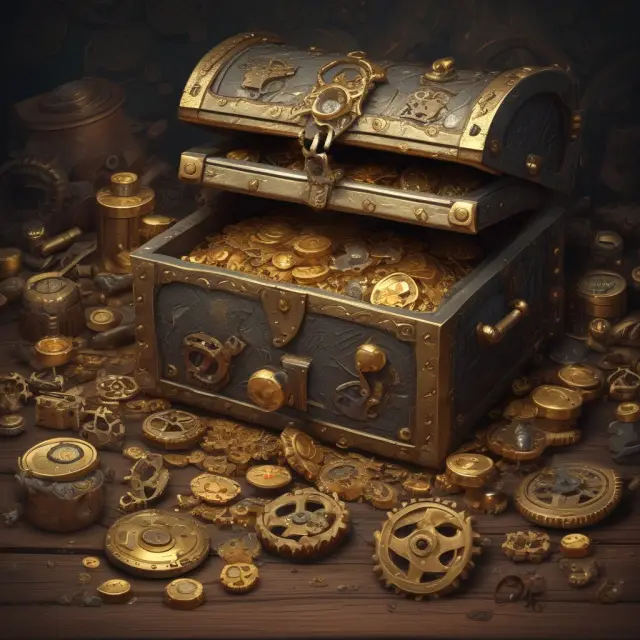 An open treasure chest brimming with gold coins and intricate gears, representing MACRS-eligible assets and their tax deductions
