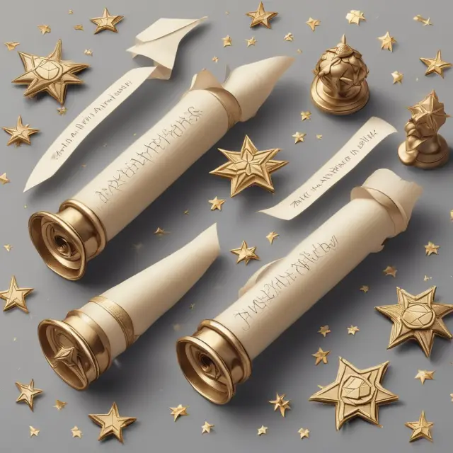 An array of academic trophies and scrolls, decorated with golden stars, symbolizing magna cum laude honors.