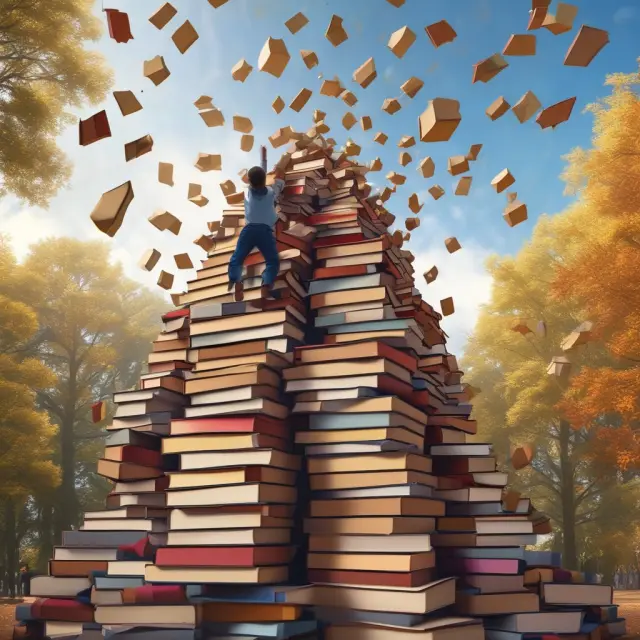 Student climbing mountains of books to collect golden 