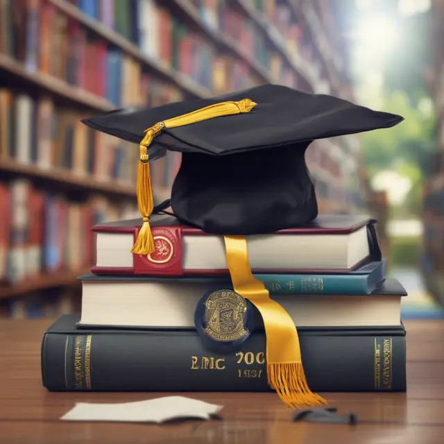 A graduate donning a cap and gown, surrounded by books and a flowing river of faculty recommendations, symbolizing non-GPA factors influencing magna cum laude status