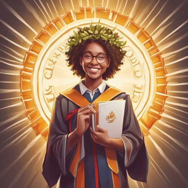A magna cum laude scholar holding a golden diploma with a laurel wreath, radiating sunbeams and signifying academic excellence and bright career prospects
