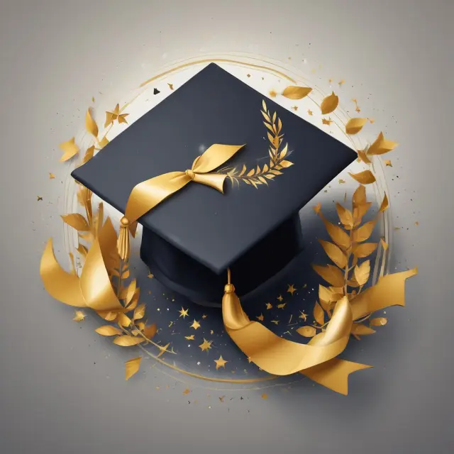 Image: A graduation cap with magna cum laude ribbons and golden laurels, surrounded by stars representing scholarships and academic achievements.