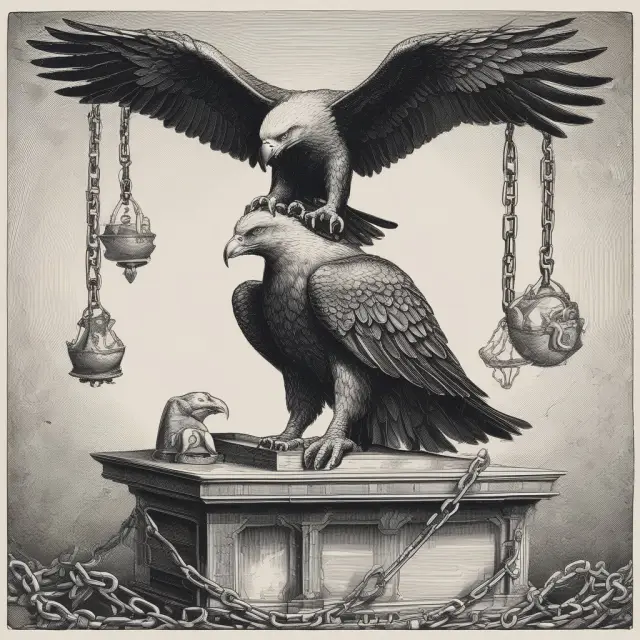 An image of magnetic ink character recognition (MICR) on a check with a protective eagle and shackled fraudsters