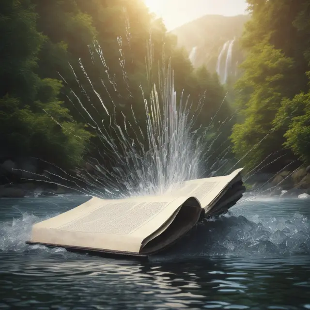 An image of a magical quill creating MICR-encoded financial information on checks, credit card invoices, and bank statements as they flow through an automated data processing river