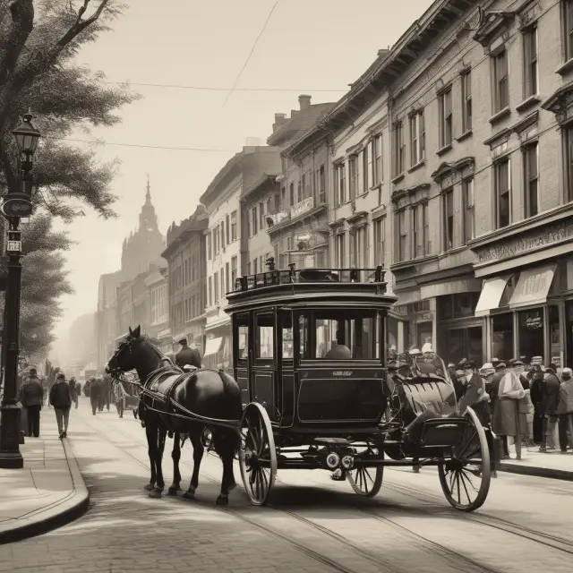 A horse-drawn carriage metamorphosing into an electric vehicle on Main Street, illustrating the evolution of local businesses.