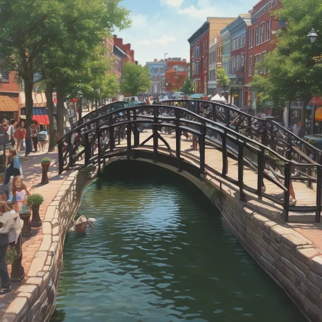 A sturdy wooden bridge connecting a small business district to a fortified government building, symbolizing federal and nonprofit programs supporting Main Street recovery