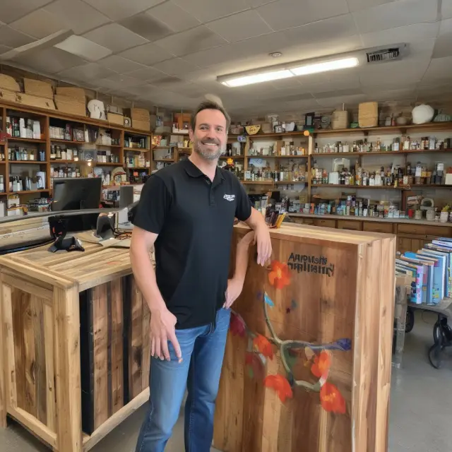 Image of a small-town entrepreneur setting ablaze a fireplace filled with branding elements, surrounded by flourishing Main Street businesses.