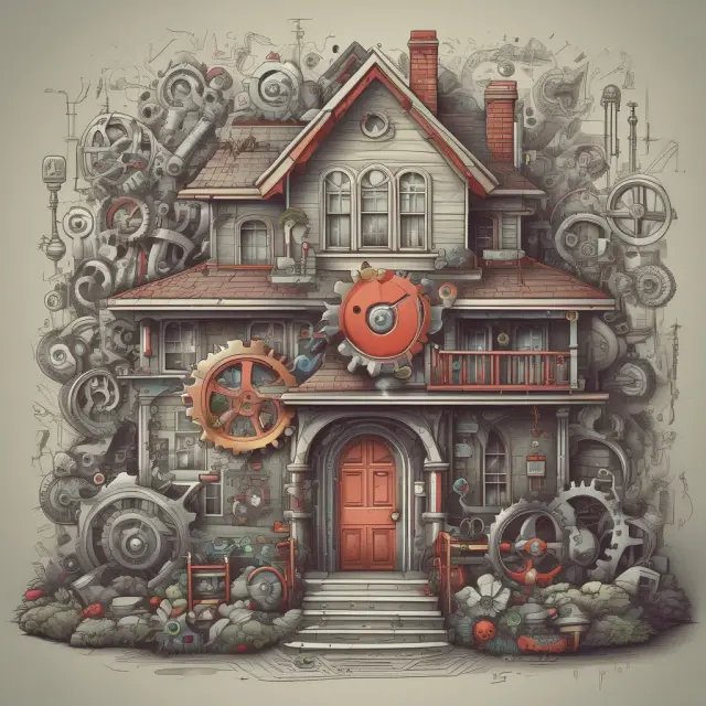 Image of a heart-shaped home surrounded by interconnected gears symbolizing various asset types undergoing routine maintenance