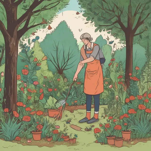 A person meticulously tends a thriving garden of various assets, removing weeds symbolizing unnecessary expenses and watering plants representing maintenance budgets for longevity.