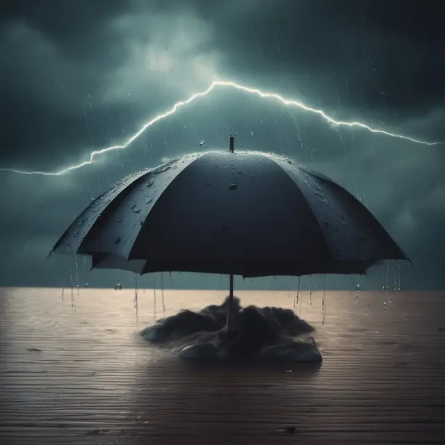 Raincloud releasing water droplets into an umbrella, representing protection against potential losses through maintenance margin