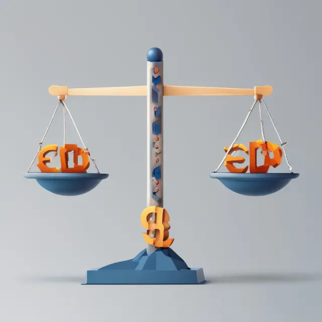 Image of a scale balancing equity (represented by weights) and borrowed funds (debt), with arrows for interest rates to emphasize the influence on equity.