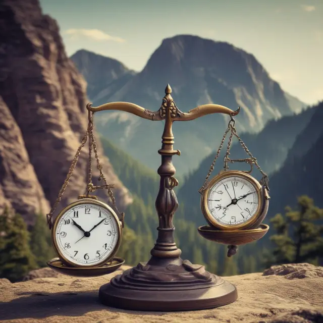 An old-fashioned scale holds financial securities on one side and a clock with a mountain of debt on the other. The balance represents maintaining an adequate margin to avoid margin calls.