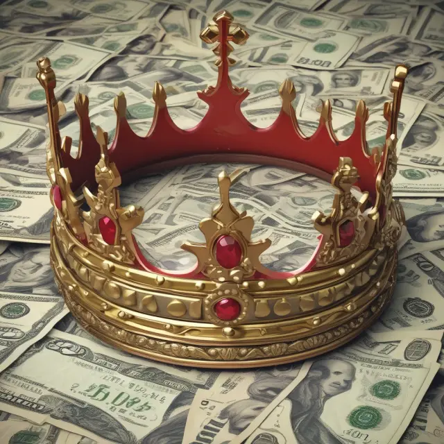 A king wearing a golden crown, symbolizing control, atop a pile of treasure chests, representing financial gains