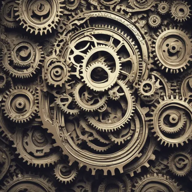 Image of a complex machinery scene with gears and cogs, symbolizing the various costs involved in manufacturing products internally: equipment acquisition, labor, storage, holding, and disposal
