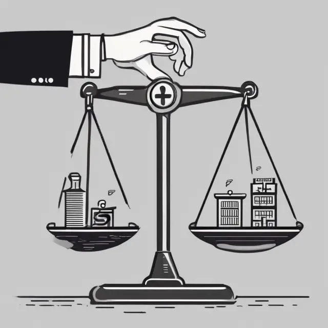 Balance scale comparing a factory symbolizing in-house production against a supplier symbolizing outsourcing.