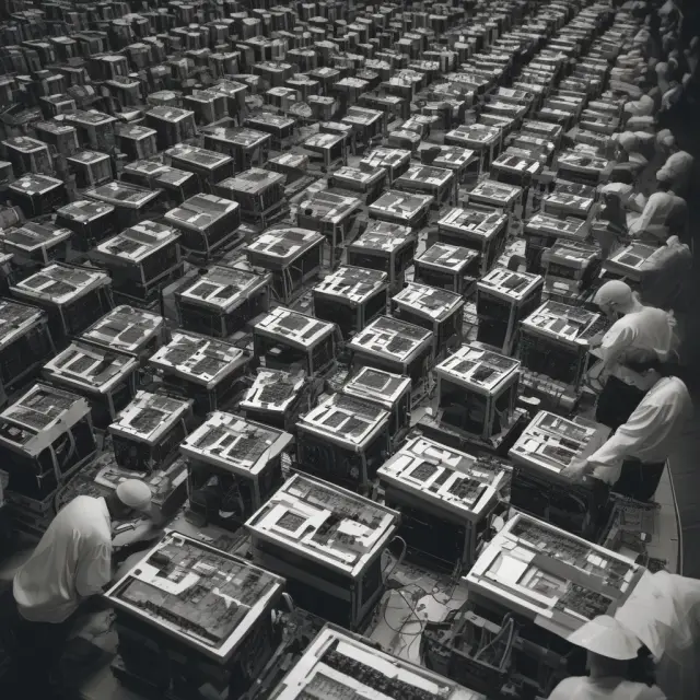 Custom computers being assembled on-demand using a digital stream of components in a make-to-order manufacturing process.