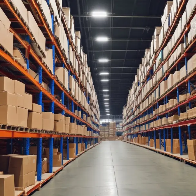 An organized warehouse with pallets of various products, emphasizing the advantages of MTS in meeting customer demands and reducing order fulfillment costs