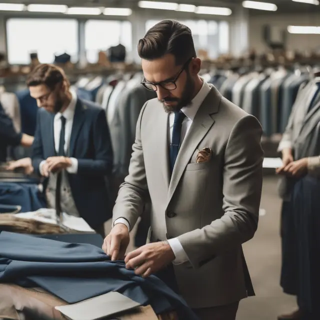 Artisan tailor creating made-to-order suits amidst a production line representing MTS and ATO strategies, illustrating flexibility and customer satisfaction in MTO