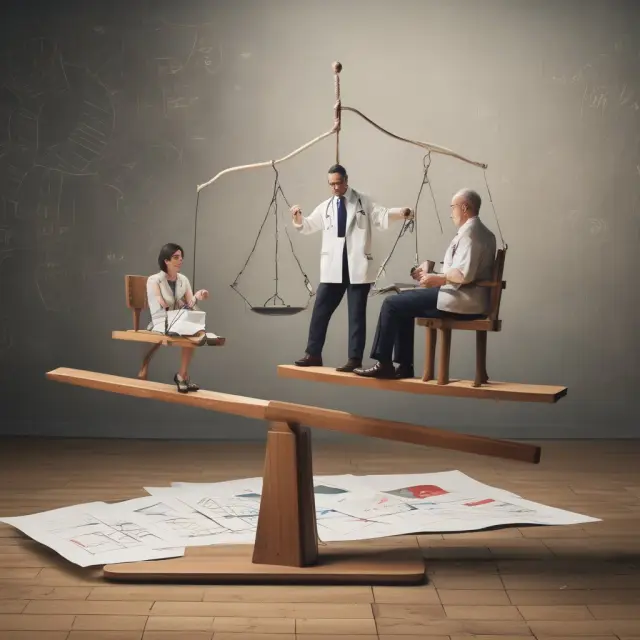 Doctor and patient on a seesaw with medical charts to illustrate the risk balance in medical negligence.
