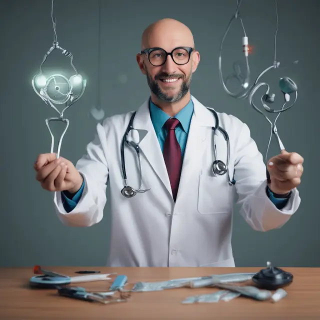 A doctor skillfully juggles various malpractice insurance policies while performing medical procedures, emphasizing the need for comprehensive protection in healthcare
