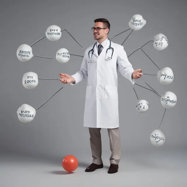 A doctor balancing various factors affecting malpractice insurance premiums: physician specialty, geographic location, coverage limits, claims frequency, and laws