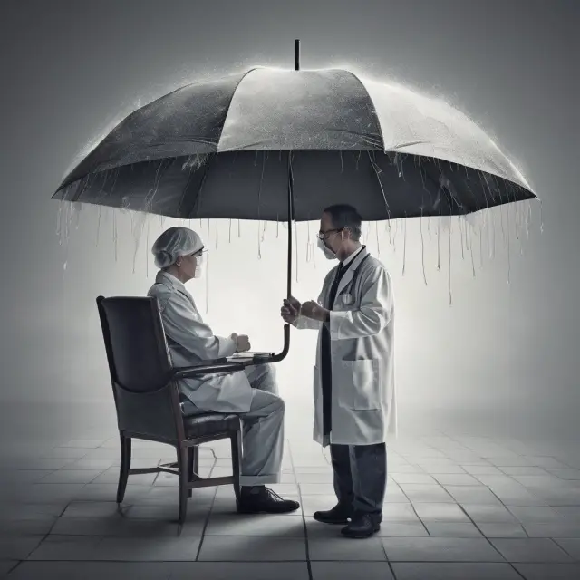 A doctor and patient standing together under an umbrella, symbolizing the protection offered by malpractice insurance