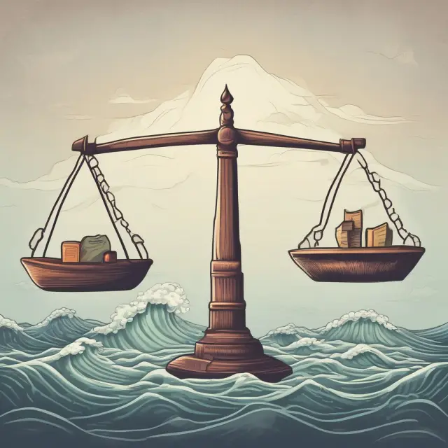 A balanced scale symbolizes market-neutral strategies, with commodities representing assets. Nearby, an arrow-laden wave illustrates trend-following strategies.