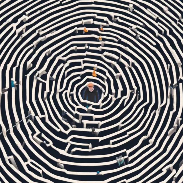 An investor bravely navigates through a labyrinth representing managed futures risks: market volatility, operational complexities, and counterparty uncertainty