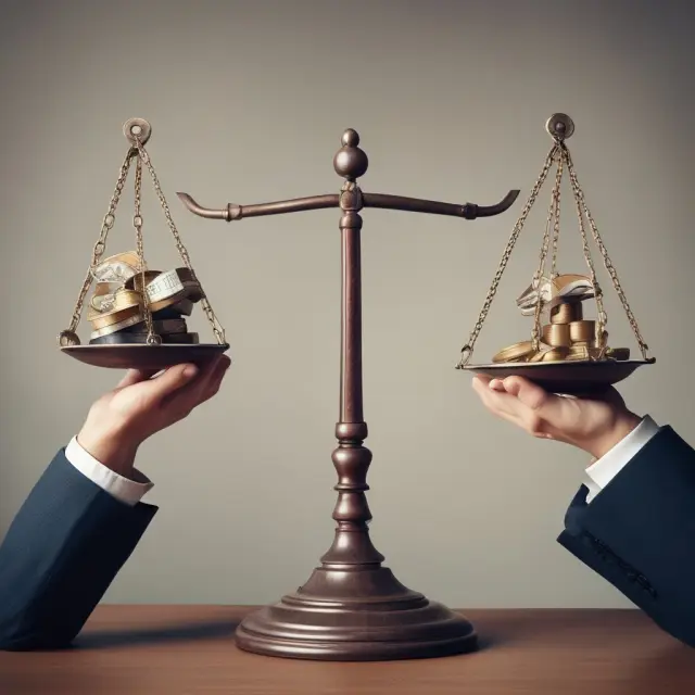 Two hands balancing investment choices: Managed Accounts and Mutual Funds represented by scales.