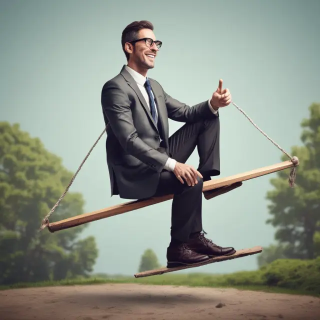 An investor contemplating the advantages and disadvantages of mutual funds, symbolized by a seesaw balancing the positive and negative aspects.