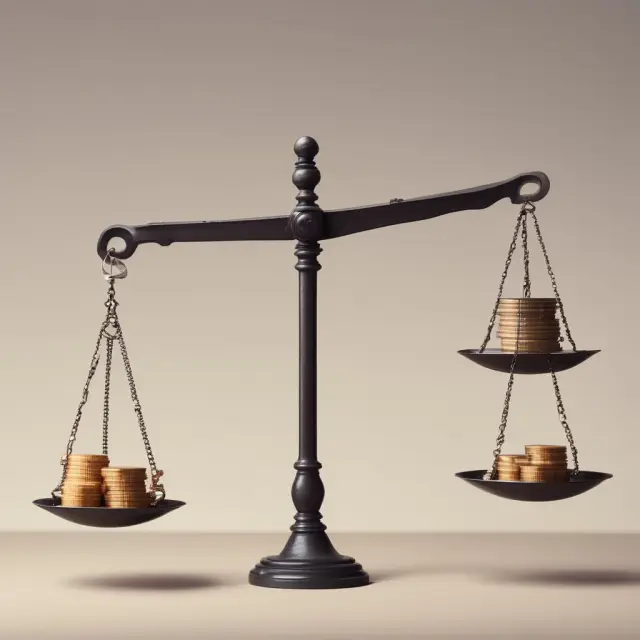 Two scales with gold coins on one side (active funds) and silver coins on the other (passive funds), symbolizing higher fees for active management