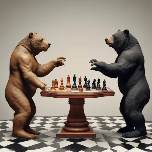 Two bulls representing investors and one bear as hedge funds argue about high management fees on a chessboard