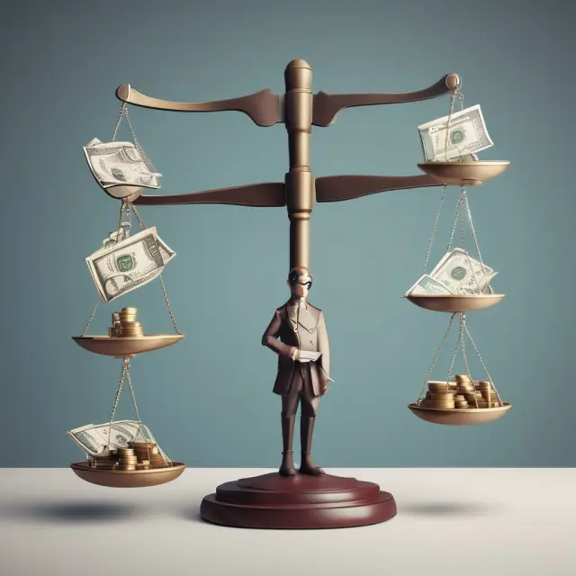 An investor carefully considering different management fee structures on a scale, striving for optimal long-term portfolio growth.