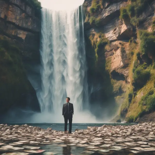 An accountant examines cascading waterfalls illustrating the inflows and outflows of cash from various business activities