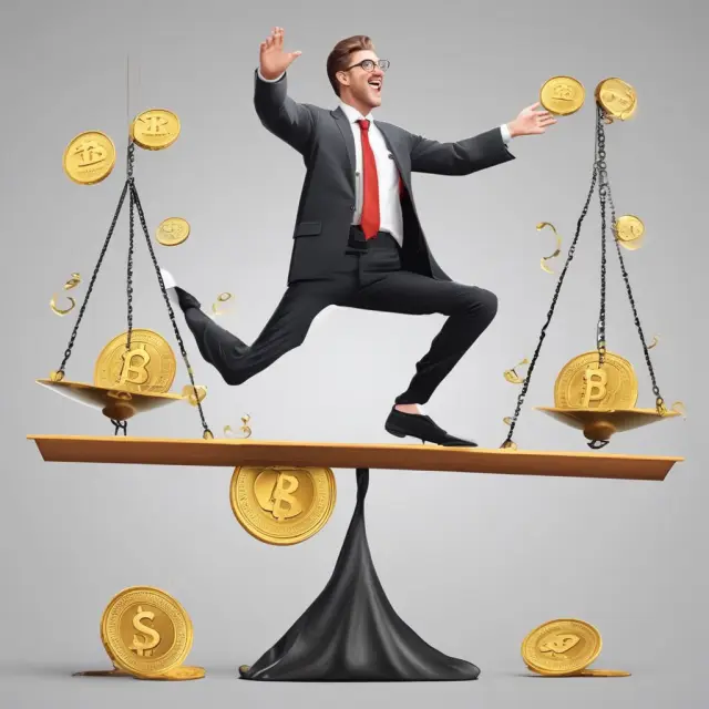 An investor deftly juggling golden coins labeled 