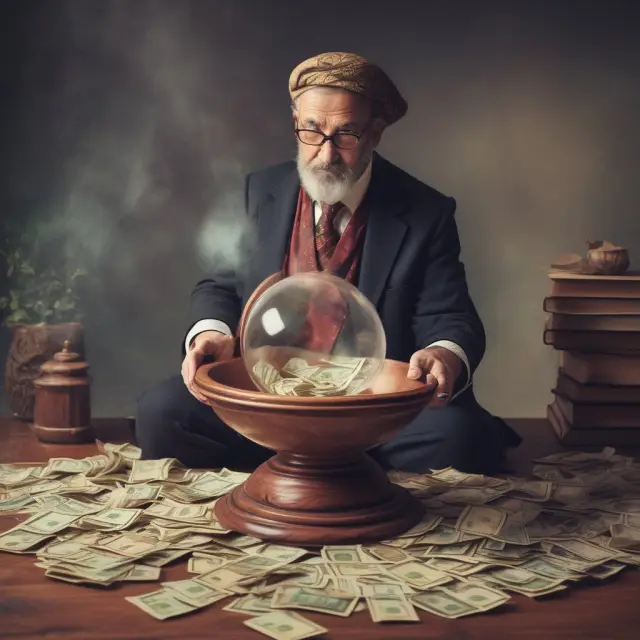Managerial accountant examining financial data in a crystal ball, revealing insights about cash flow analysis, inventory turnover, and product costs for institutional investors