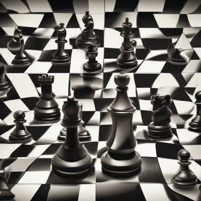 A game of chess symbolizes regulatory bodies (knights, bishops, rooks) battling market manipulation (queen), maintaining fairness in securities markets.