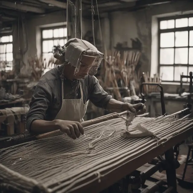 A craftsperson weaves intricately on a traditional loom, symbolizing hand manufacturing. Robots construct interchangeable parts in an industrial setting, representing mechanized production.
