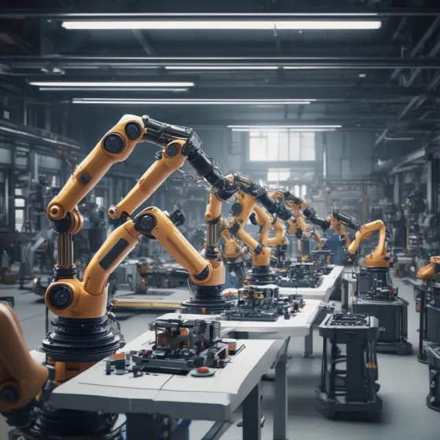 Robots assemble components in a modern factory setting, illustrating advanced manufacturing techniques using robotics and automation.