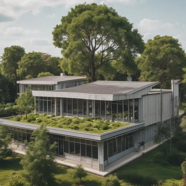A green factory with trees growing through its roof, representing eco-friendly manufacturing processes and ethical working conditions