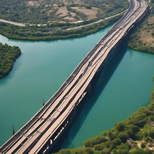 An image of a sturdy bridge connecting Mexico and a prosperous, industrialized land, symbolizing the economic benefits maquiladoras bring through industrialization and trade.