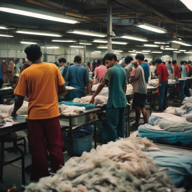 Workers toiling in a crowded maquiladora factory, raising concerns about wages, hours, and human rights.