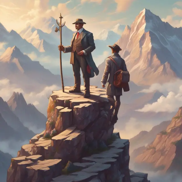 An institutional investor balanced on a mountain peak, weighing potential profits and risks using dual scales while overseeing a landscape of margin trading securities