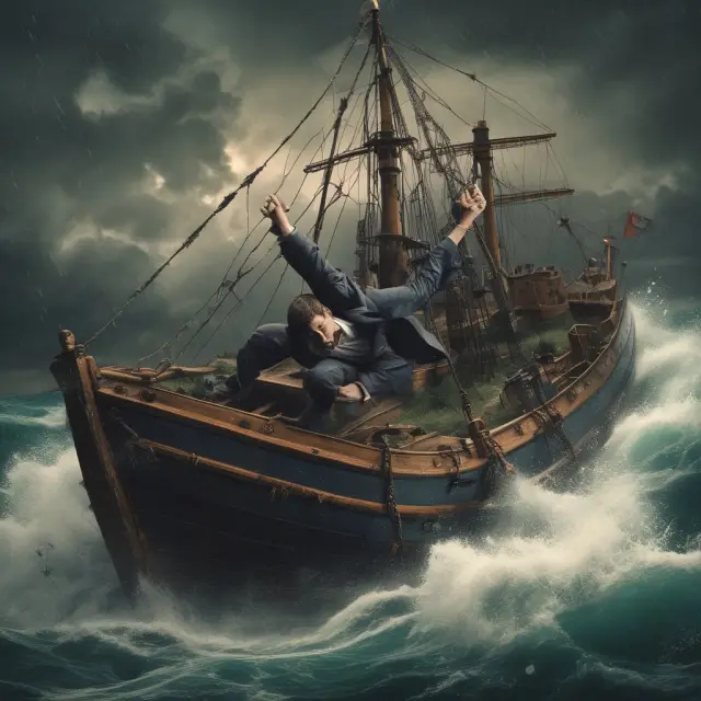 Investor struggling on a sinking ship during a storm, illustrating the risks of margin calls and liquidation