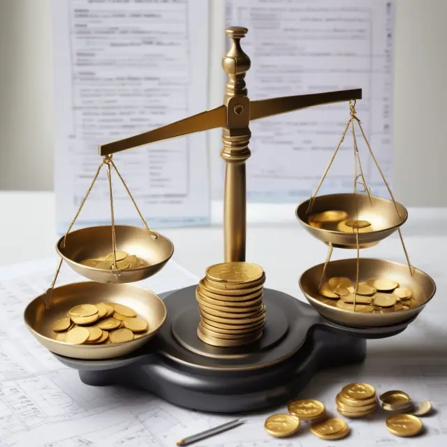 Balance scale illustrates managing risk by weighing gold coins representing equity against financial charts symbolizing investments in a margin account.