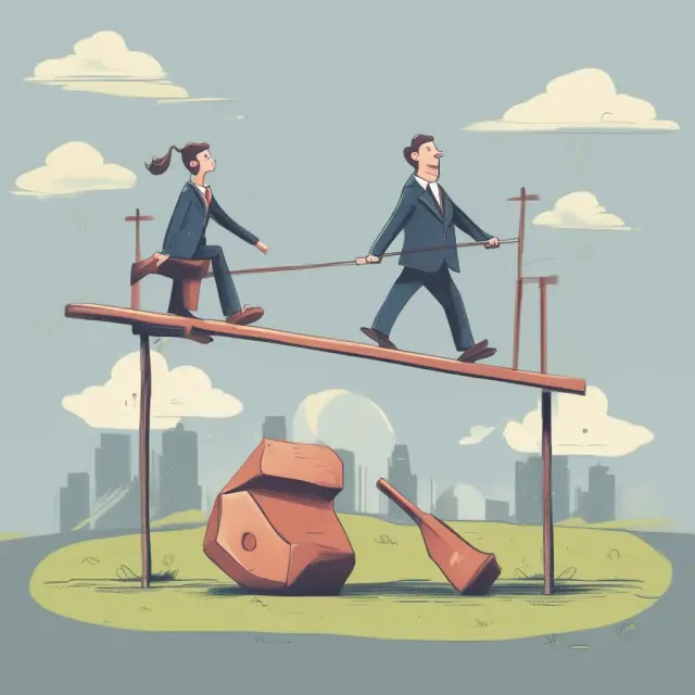 An institutional investor balances atop a seesaw, illustrating the risks of margin trading: one side representing profits while the other signifies potential losses. Collateral acts as the fulcrum.