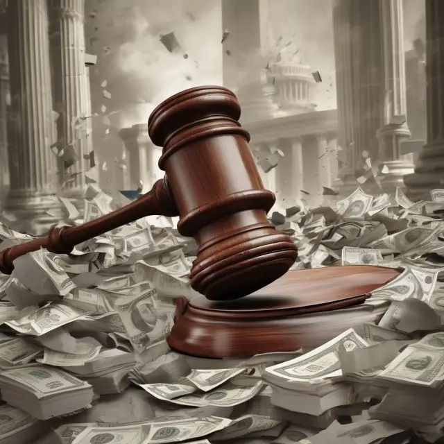 A gavel-wielding broker stands before a crumbling stock market, signaling an imminent margin call